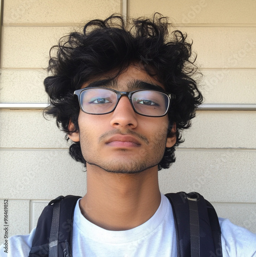 School student from India, highschool, selfie looks upset, sad, wearing glasses,  photo