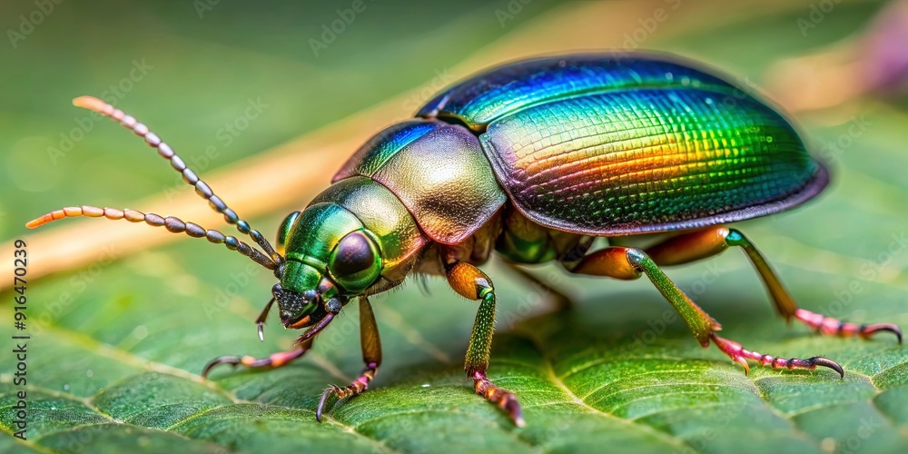 Naklejka premium A close-up photo of a shiny European ground beetle on a green leaf , beetle, insect, ground beetle, wildlife, nature, macro