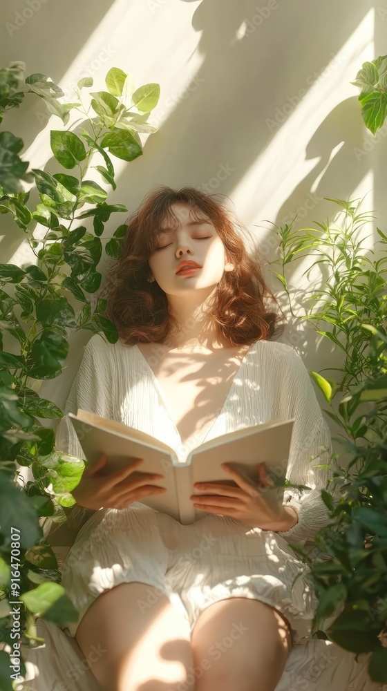 Fototapeta premium Morning Serenity: Person Reading by Window with Sunlight, Plants, Embracing Wellness Routine for Relaxation and Focus, Generative Ai