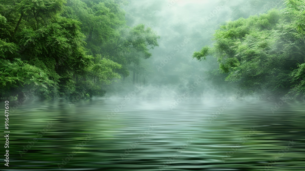 Fototapeta premium Serene fog-covered river surrounded by lush, green forests. calm, mysterious evokes tranquility mixed with sense of unease, making it suitable for Halloween themes that blend nature with suspense.