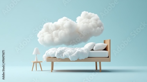 Cloud-shaped bed with fluffy white bedding floating in a blue sky.