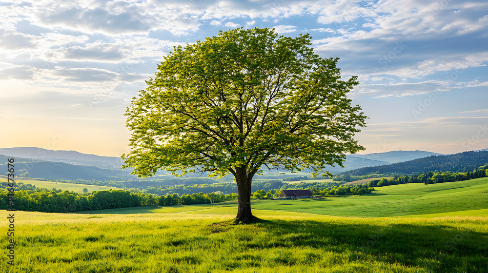 Fototapeta premium Sole Tree in Foreground of Serene Landscape with Distant Hospice, Symbolizing Calm and End-of-Life Solace