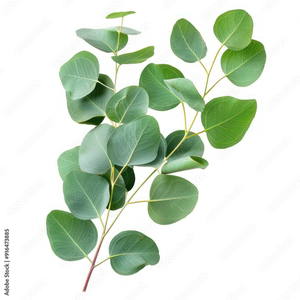 Fototapeta premium Green eucalyptus leaves on a white background.