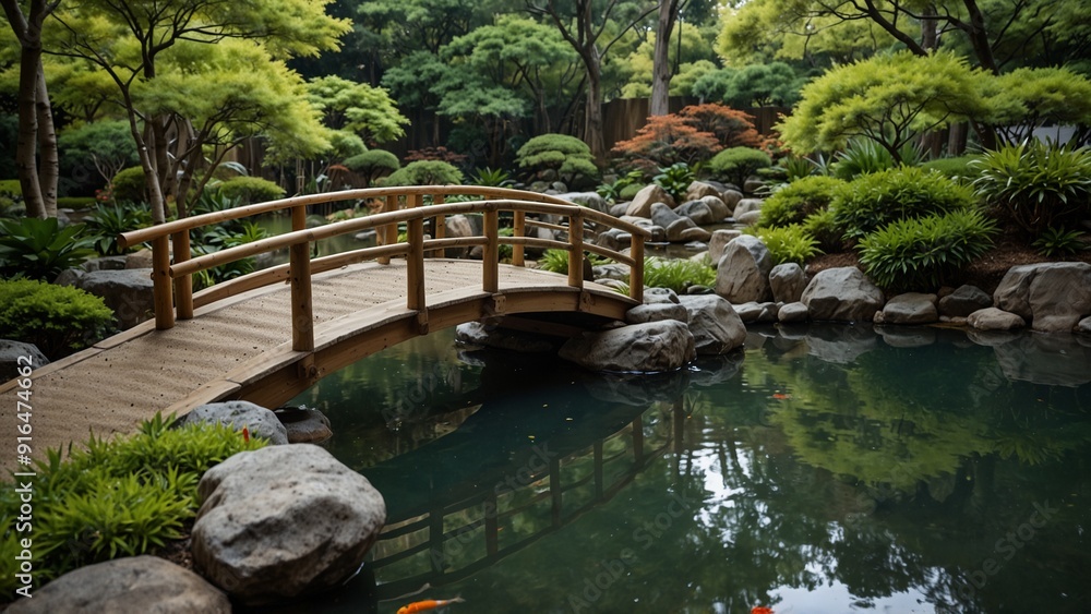 A Japanese garden with koi swimming in the pond, surrounded by a Zen rock garden and bamboo forest. A small bridge crosses the pond, creating a tranquil and peaceful atmosphere. A Japanese garden with koi swimming in the pond, surrounded by a Zen rock garden and bamboo forest. A small bridge crosses the pond, creating a tranquil and peaceful atmosphere.