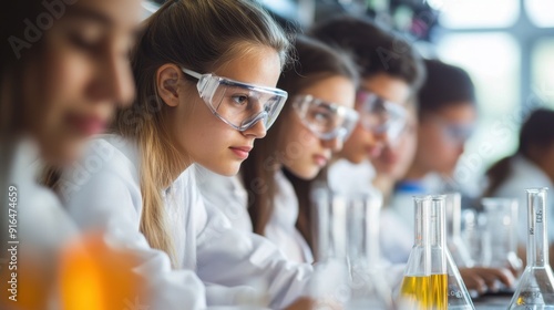 A vibrant and dynamic scene in a university lab where students are conducting experiments, wearing lab coats and safety goggles, each group working on different scientific projects, from chemistry to