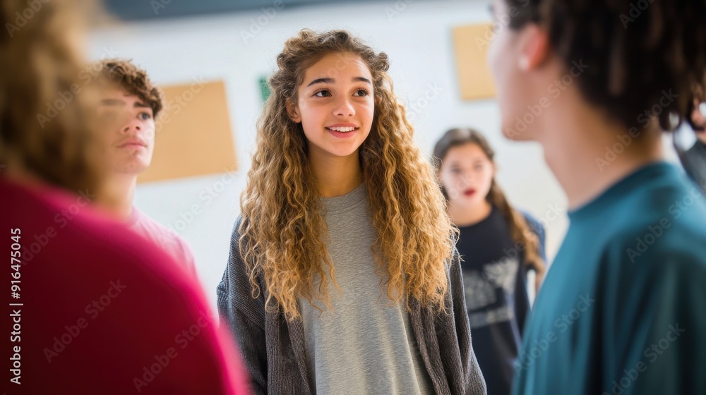 A dynamic and vibrant scene in a high school drama class where students are rehearsing for a play, each person playing a different role, the teacher directing and offering feedback, the room filled A dynamic and vibrant scene in a high school drama class where students are rehearsing for a play, each person playing a different role, the teacher directing and offering feedback, the room filled