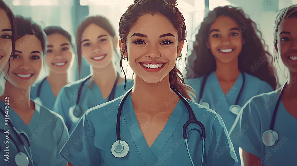 Portrait of an multiethnic group of happy medical female students nurses in the teaching hospital. They are smiling. Generative AI Portrait of an multiethnic group of happy medical female students nurses in the teaching hospital. They are smiling. Generative AI
