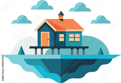 A blue and orange house rests on stilts over water, with clouds in the sky.