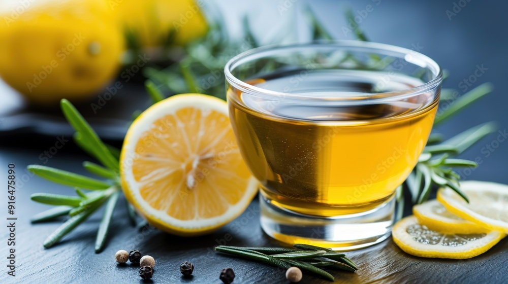 A close-up of a teacup with lemons and rosemary on a nearby table, surrounded by lemon wedges A close-up of a teacup with lemons and rosemary on a nearby table, surrounded by lemon wedges