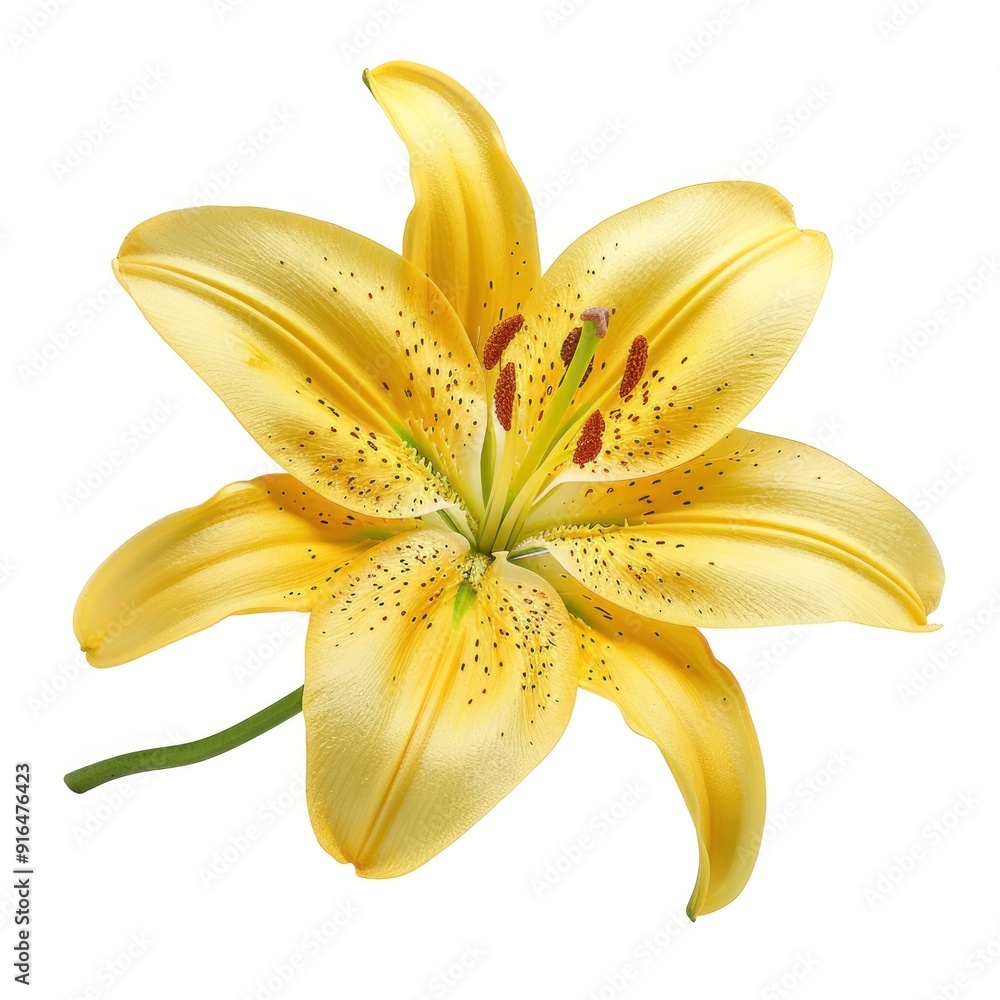 Obraz premium Single yellow lily flower isolated on white background.
