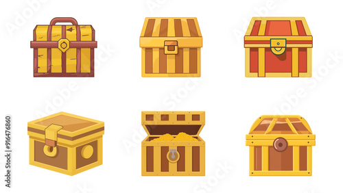 Collection of treasure chest illustration, Gold wooden treasure box isometric vector 