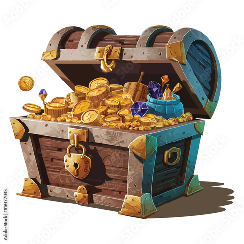 Treasure chest illustration, Gold wooden treasure box isometric vector 
