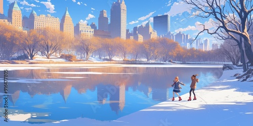 Enchanting Central Park Ice Skating Fantasy: Anime-Style Winter Wonderland in New York. Dreamy 4K Digital Art Blending Urban Charm and Magical Snowy Scenery, Perfect for Tourism Promotion, Holiday Mar