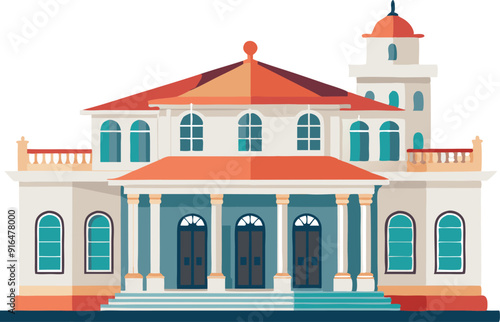 A vibrant historical building features a red-tiled roof, prominent columns, and a decorative tower.