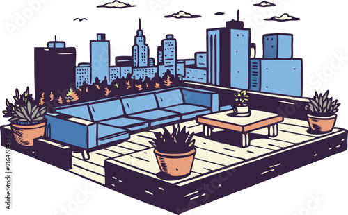 A serene rooftop space features a comfy sofa, coffee table, and plants with a panoramic city view.