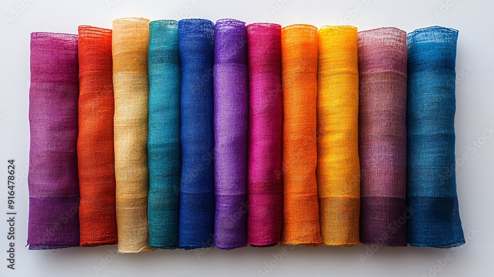 A set of colorful paper napkins is displayed against a white background A set of colorful paper napkins is displayed against a white background