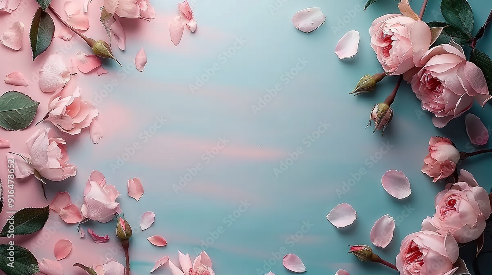 A cluster of pink blossoms against a blue and pink canvas featuring foliage at the base of the frame A cluster of pink blossoms against a blue and pink canvas featuring foliage at the base of the frame