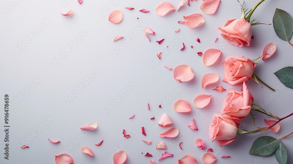 Pink roses lay atop a white surface with scattered leaves and petals Pink roses lay atop a white surface with scattered leaves and petals