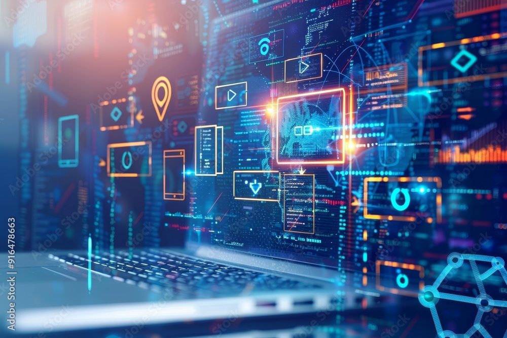 Abstract concept of e-learning with digital devices and online courses, representing virtual education Abstract concept of e-learning with digital devices and online courses, representing virtual education