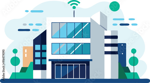 An illustration of a modern building featuring a prominent Wi-Fi symbol, representing connectivity and technology.