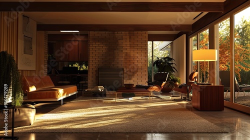 Usonian Architecture Environment. AI generated art illustration.