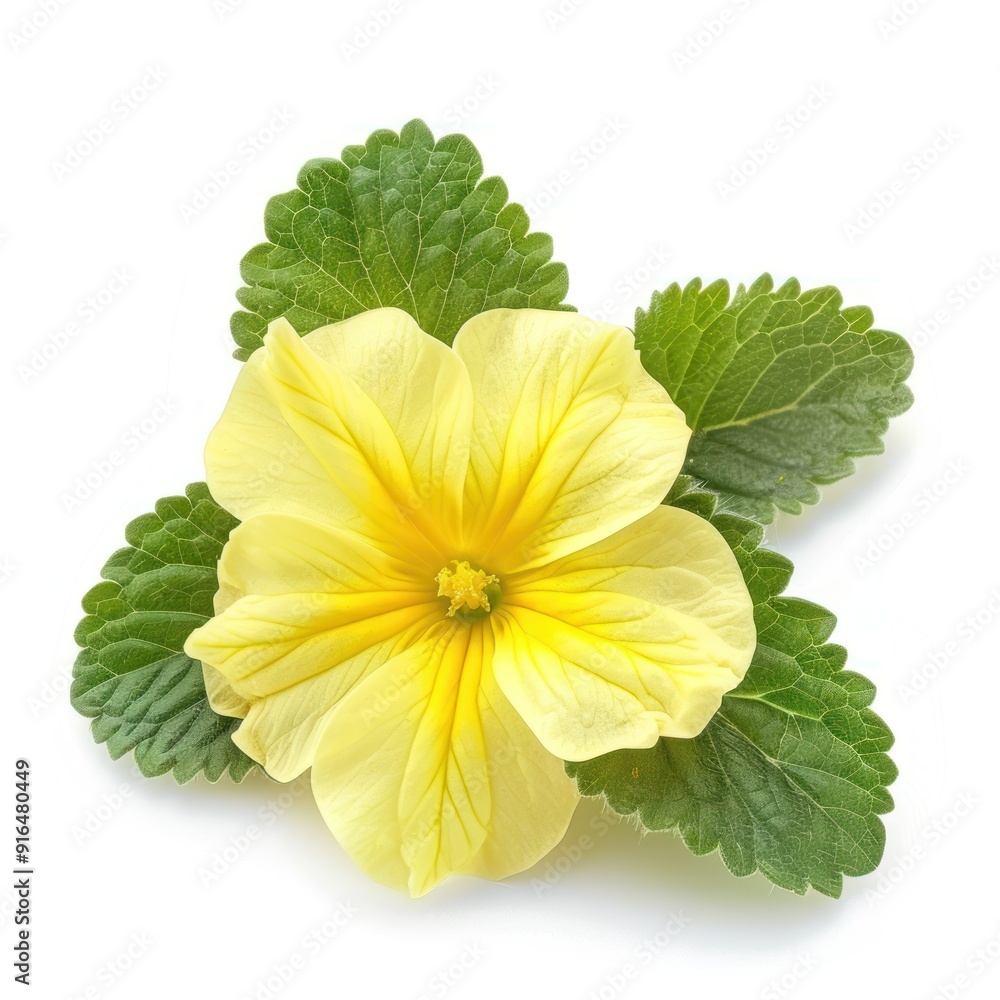 Yellow Flower with Green Leaves on White Background. Yellow Flower with Green Leaves on White Background.