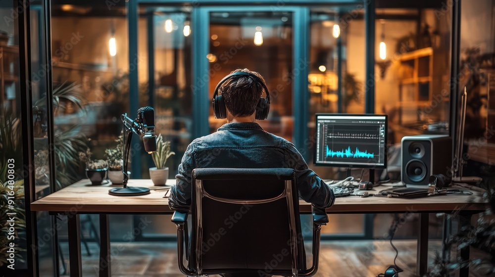 Podcaster recording in a sleek, modern office With glass walls and contemporary decor. Podcaster recording in a sleek, modern office With glass walls and contemporary decor.