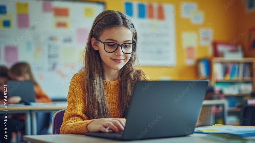 A young teacher sitting in a modern classroom, working on a laptop, with a whiteboard and educational posters in the background, highlighting the blend of traditional and digital teaching methods A young teacher sitting in a modern classroom, working on a laptop, with a whiteboard and educational posters in the background, highlighting the blend of traditional and digital teaching methods