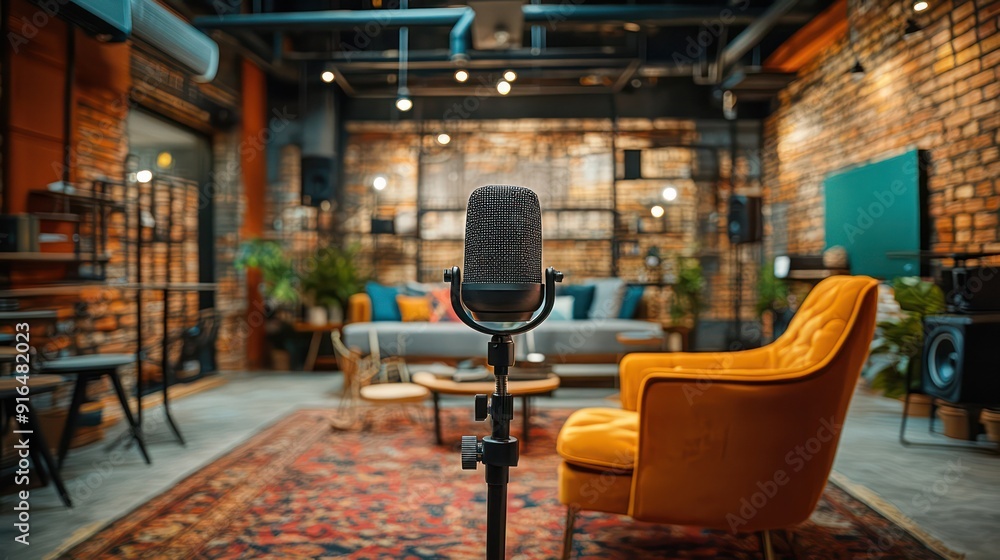 Fototapeta premium Record a podcast episode in a modern coworking space, with lively decor and a collaborative atmosphere.