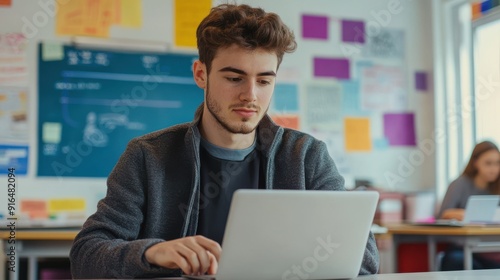 A young teacher sitting in a modern classroom, working on a laptop, with a whiteboard and educational posters in the background, highlighting the blend of traditional and digital teaching methods