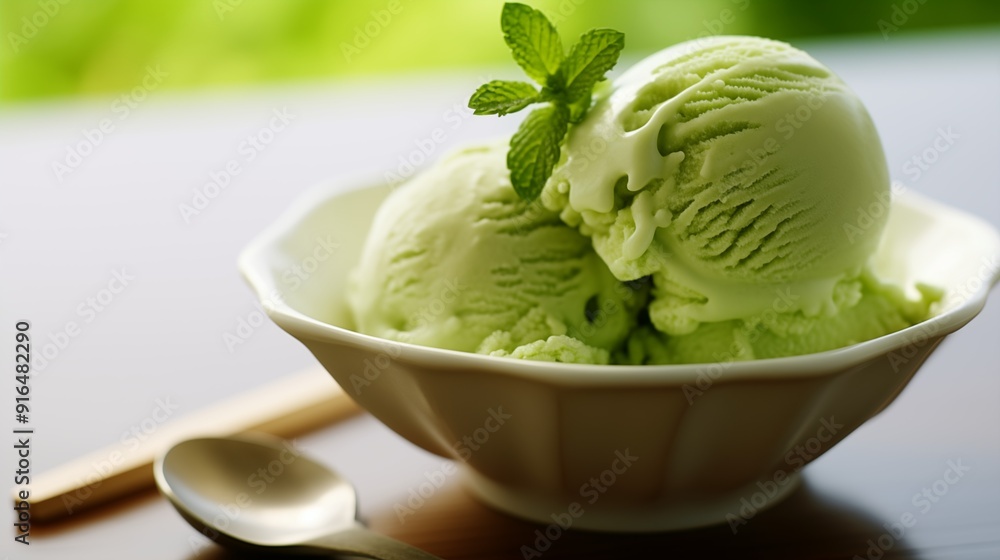 Refreshing Zen: Green Tea Ice Cream with Fresh Mint Garnis Refreshing Zen: Green Tea Ice Cream with Fresh Mint Garnis