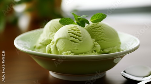 Refreshing Zen: Green Tea Ice Cream with Fresh Mint Garnis