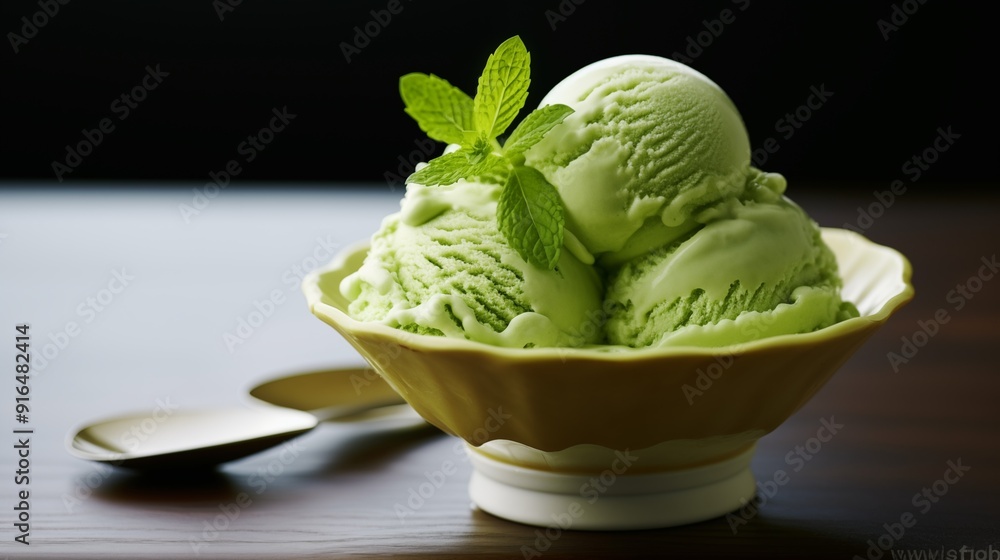 Refreshing Zen: Green Tea Ice Cream with Fresh Mint Garnis Refreshing Zen: Green Tea Ice Cream with Fresh Mint Garnis
