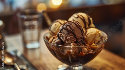 Paramount Pleasure: Sumptuous Chocolate Ice Cream Sundae Drizzled with Syrup