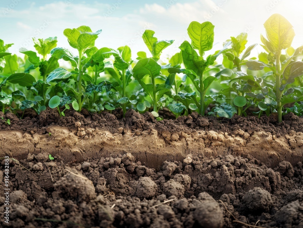 Vibrant green plants growing in fertile soil under a clear blue sky, showcasing the beauty of agriculture and nature. Vibrant green plants growing in fertile soil under a clear blue sky, showcasing the beauty of agriculture and nature.