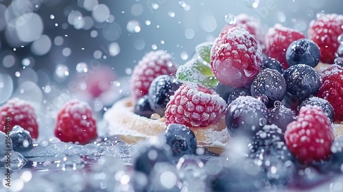  Raspberries, blueberries, and other berries dusted with powdered sugar are arranged on a plate on a table