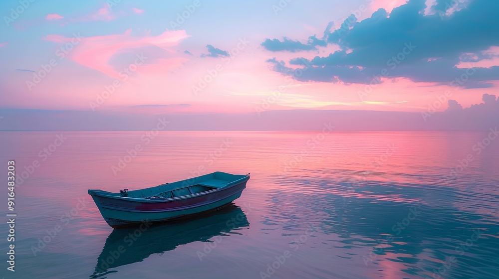 A small boat floating on the calm sea, surrounded by soft pastel colors of pink and blue sky at dusk, creating an atmosphere of tranquility and romance. A small boat floating on the calm sea, surrounded by soft pastel colors of pink and blue sky at dusk, creating an atmosphere of tranquility and romance.