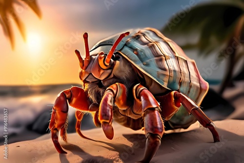 hermit crab on the beach with sunset background photo