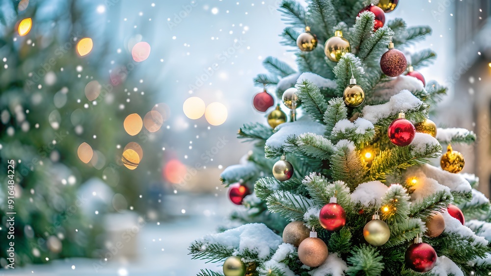 Christmas tree outdoors with snow lights bokeh around, and snow falling, Christmas atmosphere. Beautiful Christmas tree outdoor xmas balls, snow, lights bokeh Christmas tree outdoors with snow lights bokeh around, and snow falling, Christmas atmosphere. Beautiful Christmas tree outdoor xmas balls, snow, lights bokeh