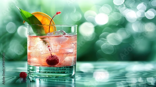  A close-up of a drink in a glass with a garnish featuring a green leaf