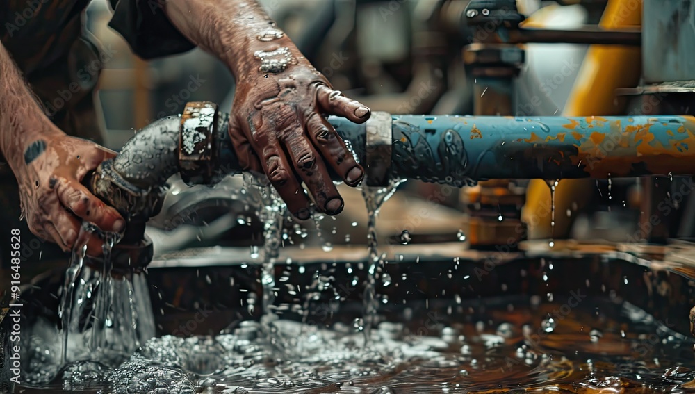 Mechanic's Hands Washing Under Leaking Pipe Mechanic's Hands Washing Under Leaking Pipe