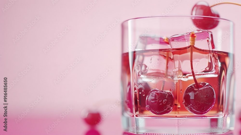 An ice tea glass with cherries and a cherry garnish on the rim An ice tea glass with cherries and a cherry garnish on the rim