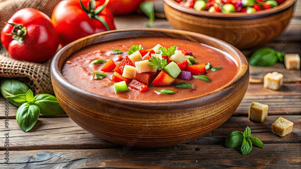 Classic gazpacho soup with fresh diced vegetables in rustic bowl, perfect summer dish , food, gazpacho, soup, vegetables, rustic Classic gazpacho soup with fresh diced vegetables in rustic bowl, perfect summer dish , food, gazpacho, soup, vegetables, rustic