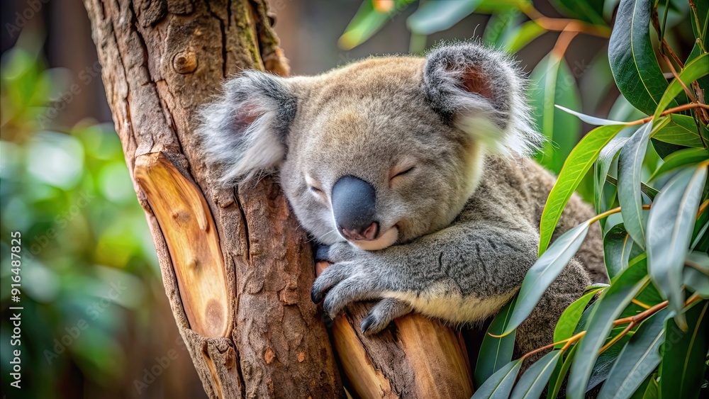 Fototapeta premium Adorable koala peacefully asleep in a eucalyptus tree, koala, Australian wildlife, sleeping, eucalyptus tree, cute, serene