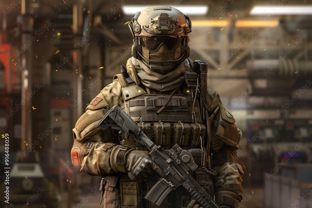 A soldier stands ready in tactical gear holding a rifle amidst advanced technology in a military command center A soldier stands ready in tactical gear holding a rifle amidst advanced technology in a military command center