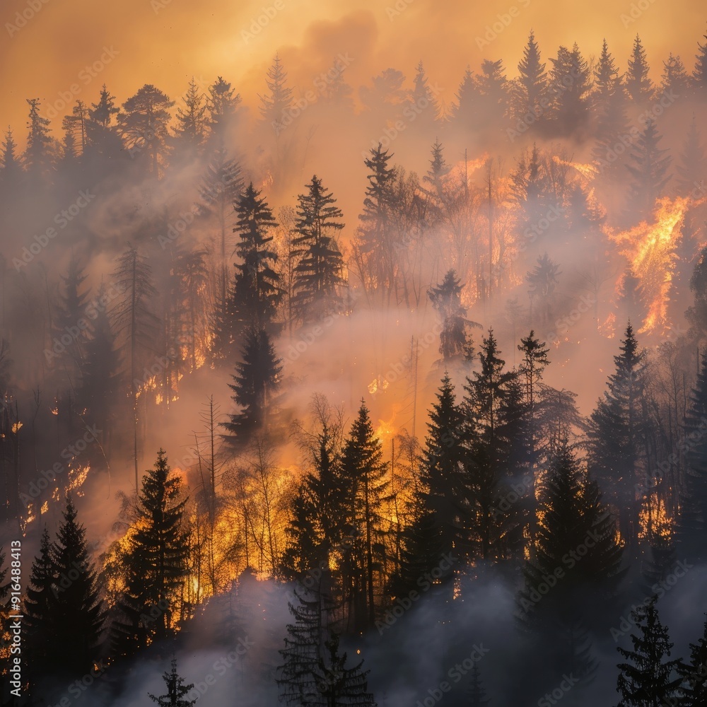 Obraz premium Smoke And Mist, Wildfire Rages Through A Dense Pine Forest In The Mountains, Aerial Perspective