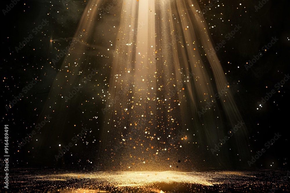 Particle Spotlight spotlight shines down from the top of empty stage, creating a golden ...