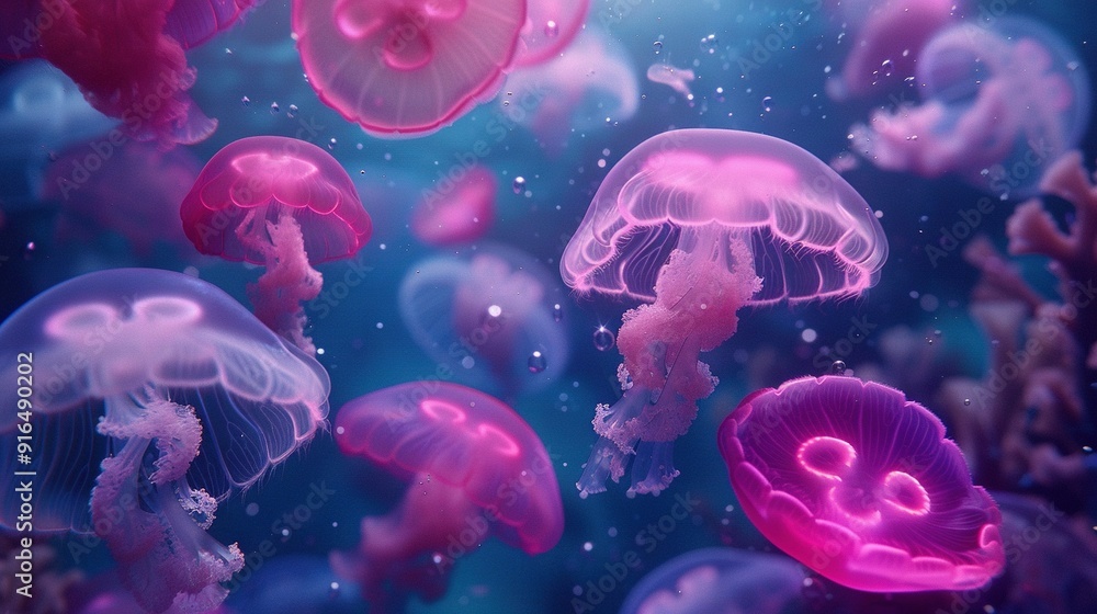 A group of jellyfish floats in the ocean with bubbles on the surface and on the seafloor A group of jellyfish floats in the ocean with bubbles on the surface and on the seafloor