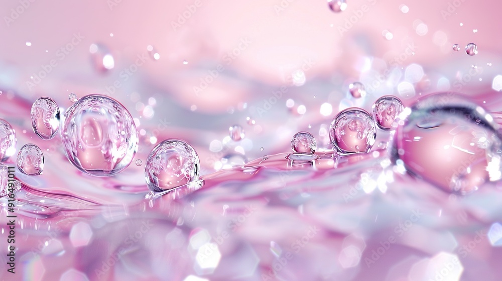 A group of bubbles float on a pink liquid surface with numerous bubbles A group of bubbles float on a pink liquid surface with numerous bubbles