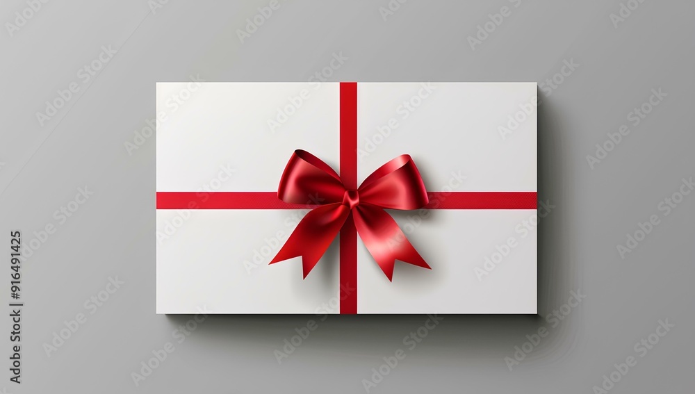 Red ribbon with bow on white gift card isolated mockup template for festive promotion sale or agent, business set up and marketing advertising design element Red ribbon with bow on white gift card isolated mockup template for festive promotion sale or agent, business set up and marketing advertising design element